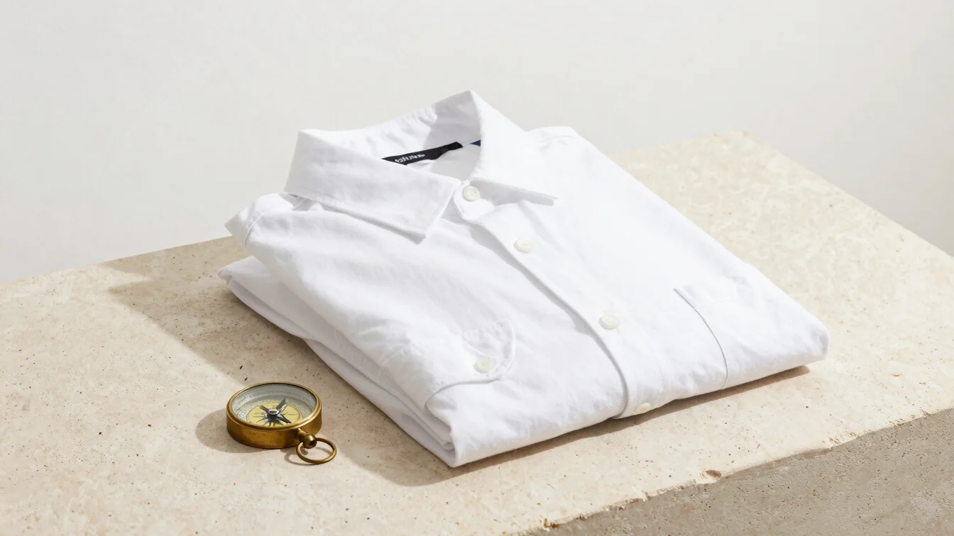 Clean studio product photo of a folded white cotton shirt beside