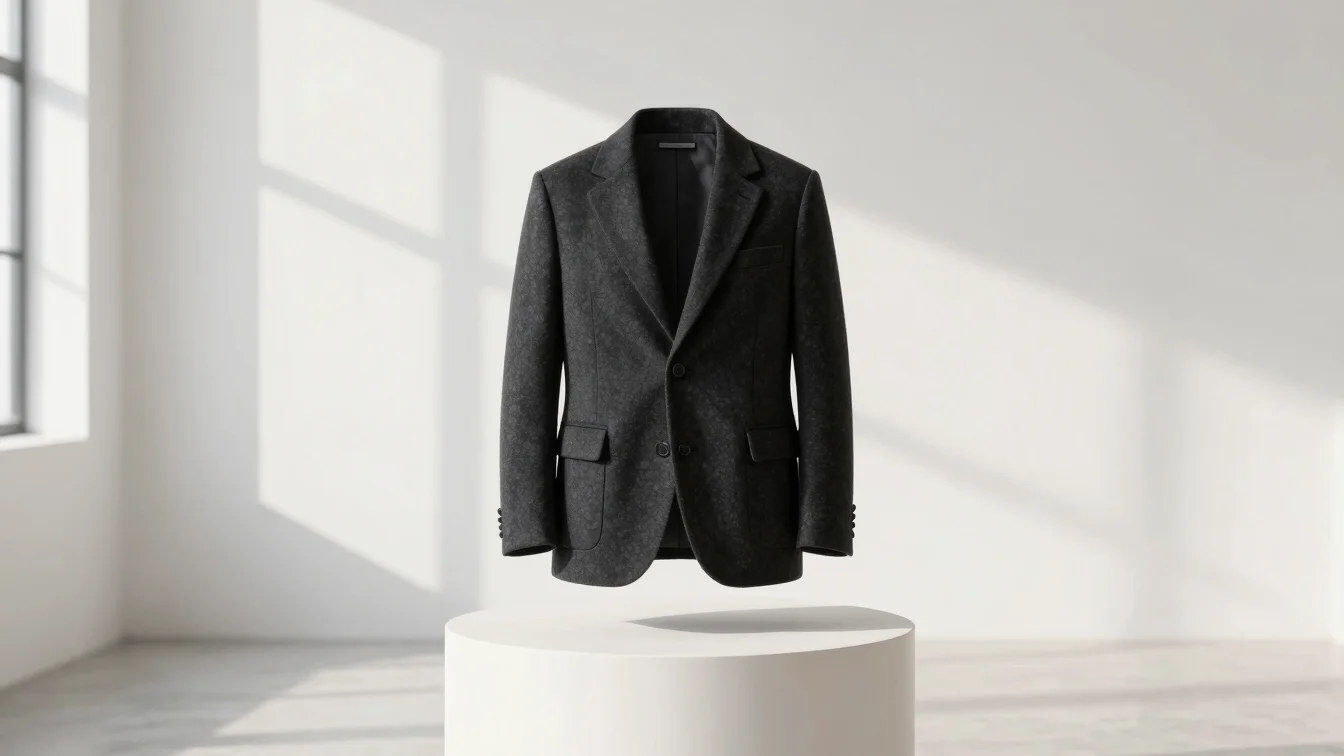 High fashion studio product shot of a dark structured wool jacket