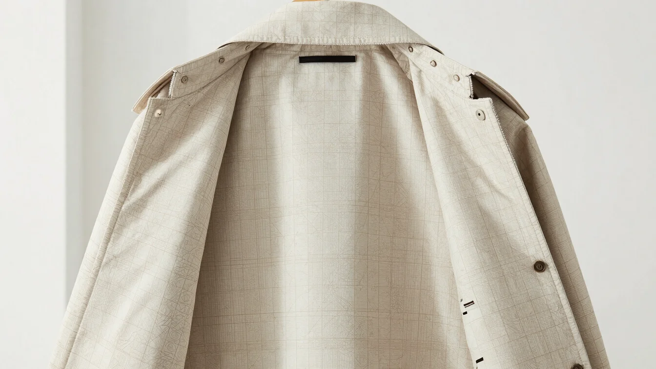 Editorial product detail of fine jacket lining showing subtle bei