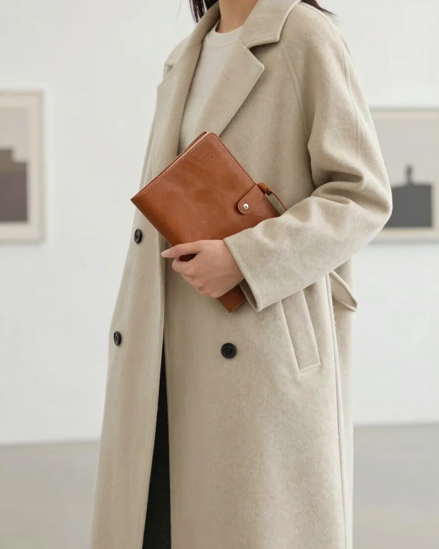Clean editorial lifestyle shot of a modern model in beige tailore
