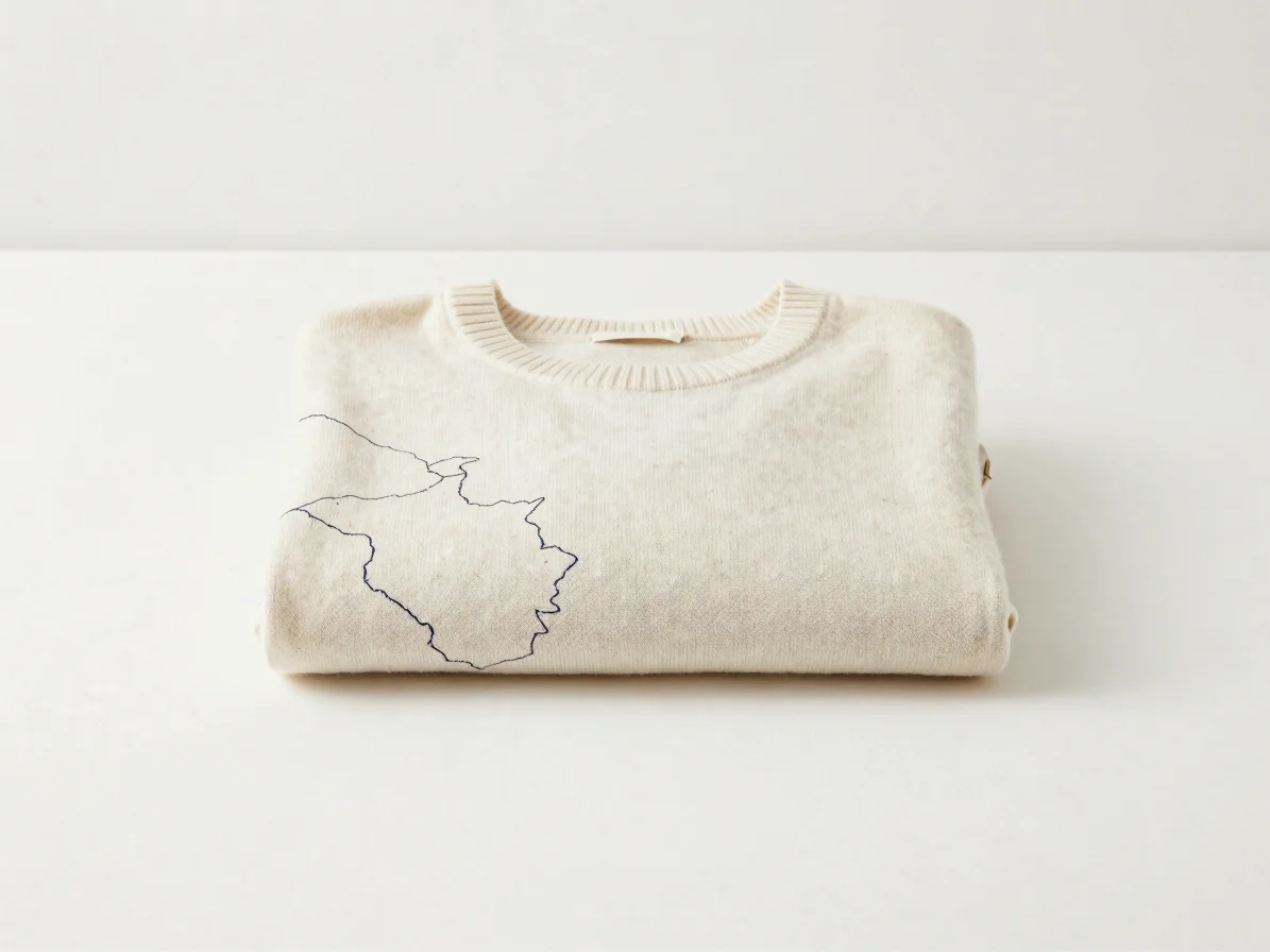 Clean minimal studio product photography of a folded cashmere swe