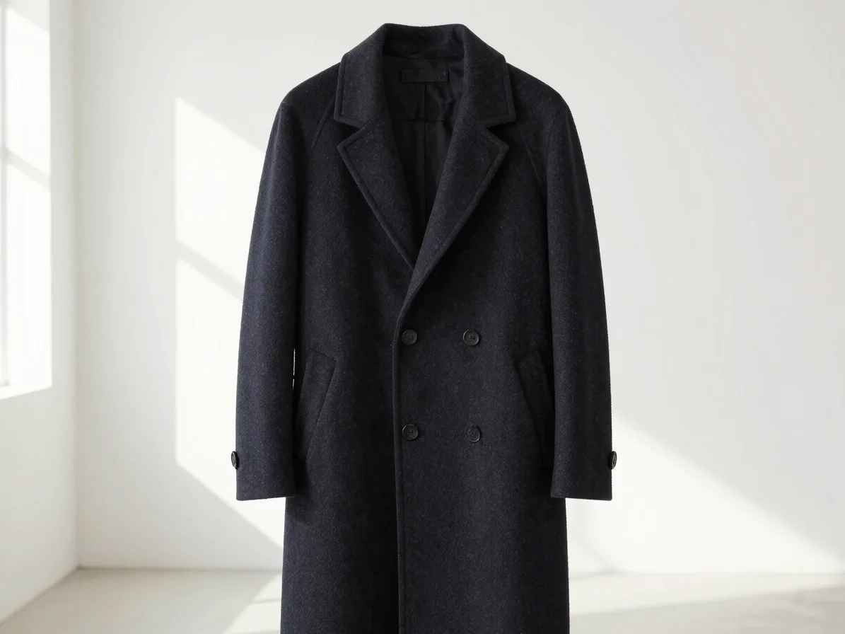 Bright editorial studio shot of a tailored dark wool coat with pr