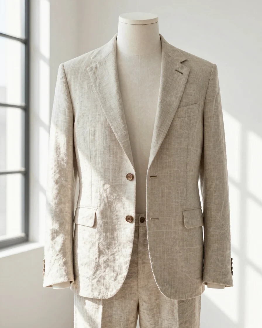 Bright studio portrait of a modern menswear outfit with subtle li